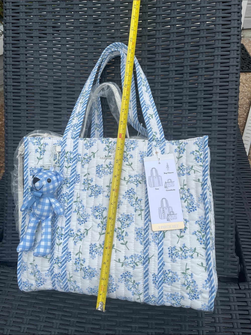 Nanette Lepore Light Blue Floral Quilted Tote with Gingham Bear Charm - Picture 7 of 9